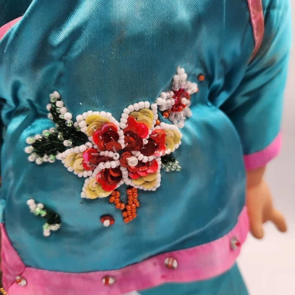Vintage Chinese Ruby Doll Turquoise Satin Brocade Outfit Passport and Stand
